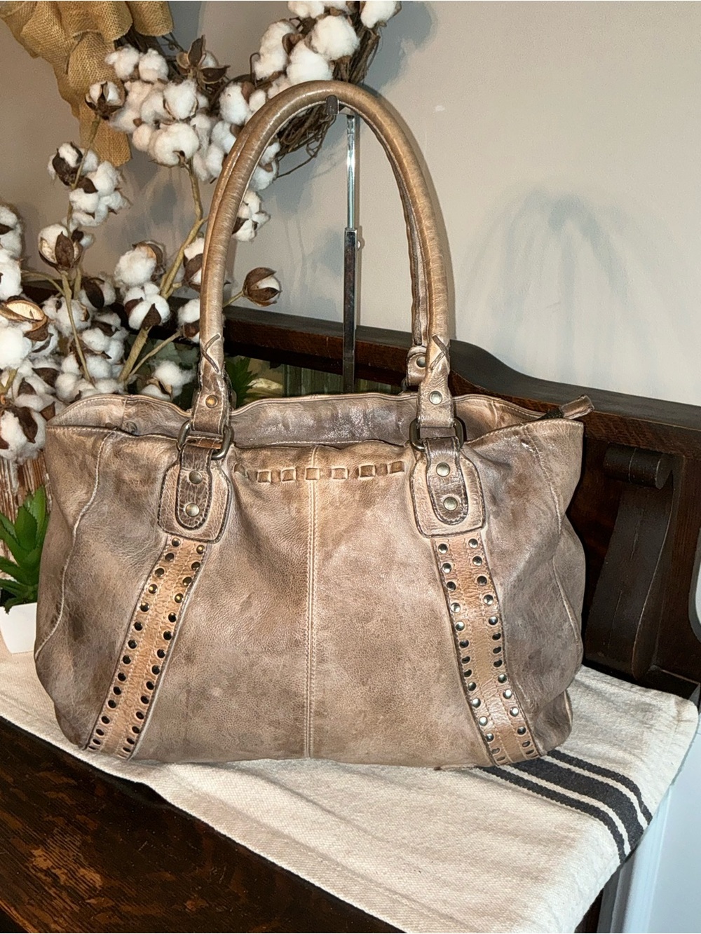Bed Stu Leather Geraldin Shoulder Bag Icicle DD Dip Dyed Grey Tan Taupe MSRP 345